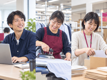 三人の人物がPCでの作業、洗濯物へのアイロンがけ、商品の梱包をそれぞれおこなっているイメージ。